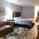 guest room with one king bed and sofa