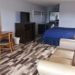 guest room with one king bed and sofa